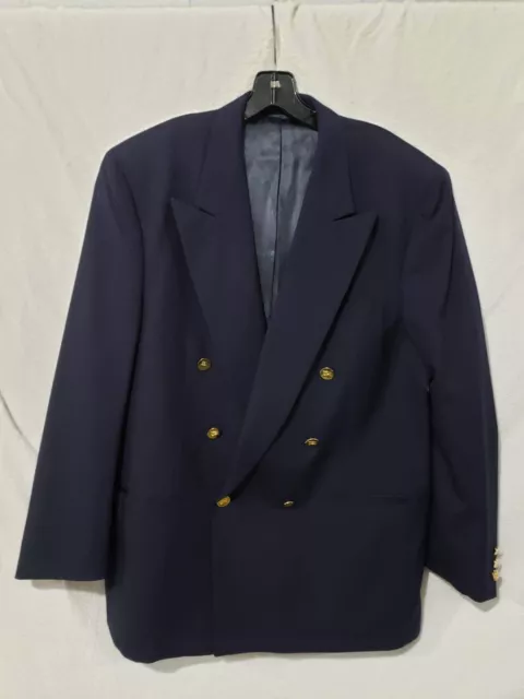 BURBERRYS Vtg Suit Navy Wool Blazer Peak Lapel Double Breasted Gold Button 44R?