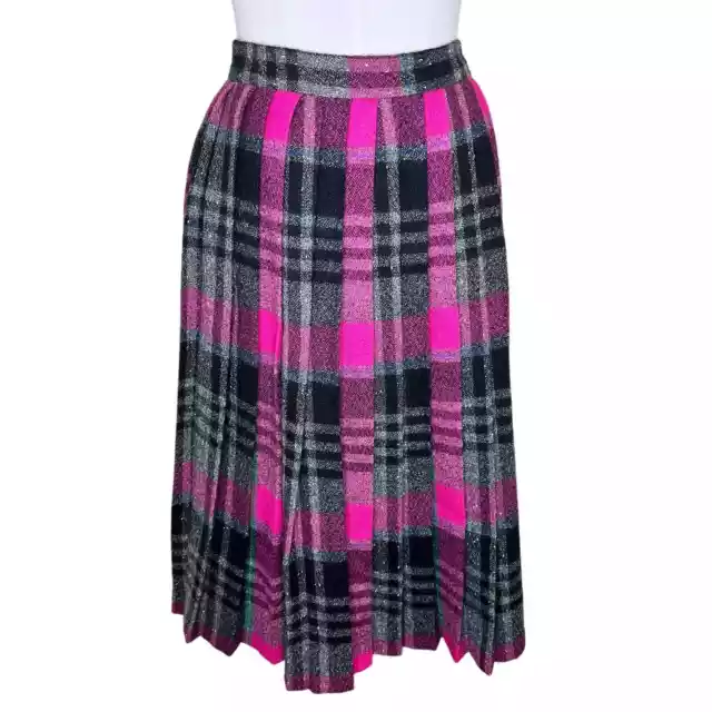 Vintage 80s Chaus 100% Wool Skirt 16 Pink Black Tartan Plaid Pleated Midi Retro