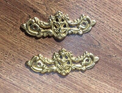 Pair Of Antique Brass Drawer Shields Face Plates Ornate, A7