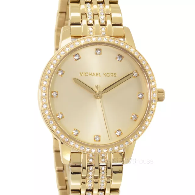 Michael Kors Melissa Womens Glitz Watch Gold Dial Crystals Stainless Steel Band