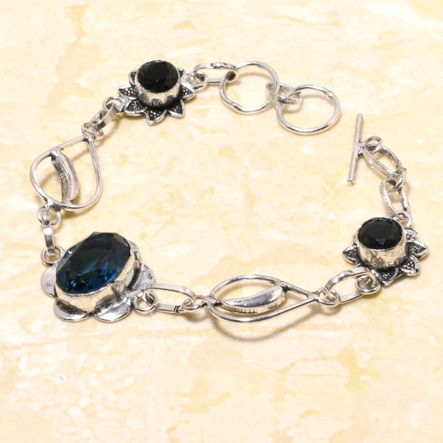 Swiss Blue Topaz, Black Spinel Gemstone Handmade Gift Jewelry Bracelet 7-8" N293