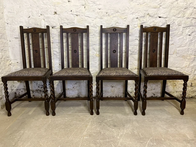 Antique Solid Oak X4 Barley Twist Vintage Dining Chairs With Morris Style Fabric