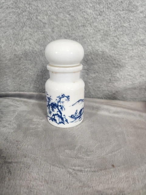 Milk Glass Apothecary Jar Container with Bubble Lid Blue Design Made in Belgium