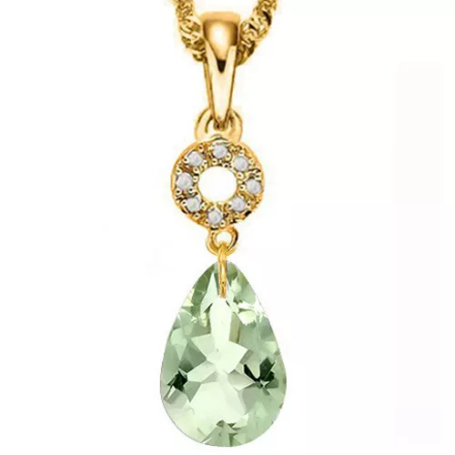 10K Solid Yellow Gold 11.00 Ctw Green Amethyst & Diamonds Earrings & Pendant Set