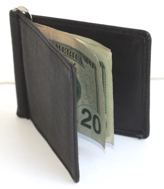 MEN'S GENUINE LEATHER SPRING TYPE MONEY CLIP Front Pocket Plain Bifold Wallet