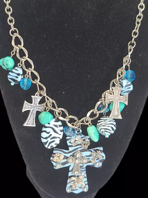 You&I Silver Tone Cross Faux Turquoise Necklace Rhinestone Crystals 18"-20"