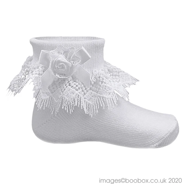 Soft Touch Baby Girls White Frilly Ankle Sock Jester Lace Rose Bow 0-24M