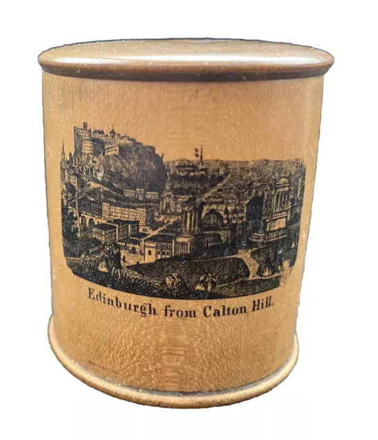 Mauchline Ware Money Box Depicting  Edinburgh Scotland  Antique