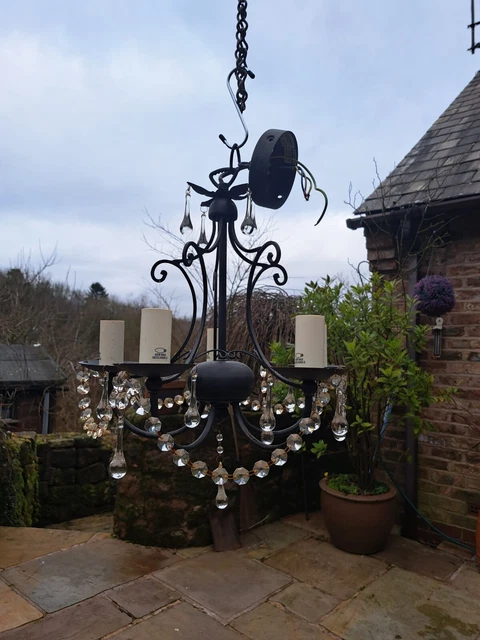Petite Black Ceiling Chandelier 5 Branch Arm Real Cut Glass Drops 17"L 13"D