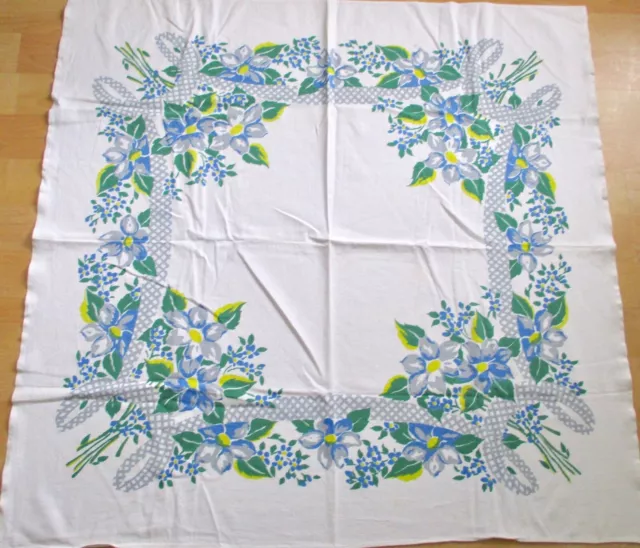 Vtg 50s Linen Square Tablecloth Blue Gray Yellow Floral Lattice Border 48 x 49