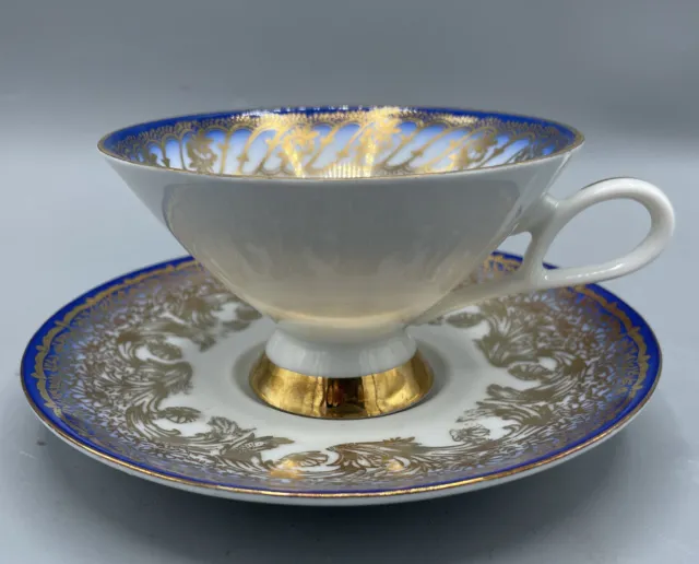 Vintage Bareuther Waldsassen Bavaria Tea Cup & Saucer Blue Gold Art Deco Floral
