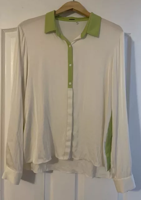 Elie Tahari Women’s Ivory Sz Large Long Sleeve Silk Shirt Button Down Lime Green