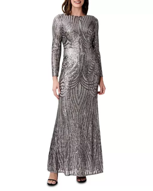 Adrianna Papell Embellished Mermaid Evening Dress Women's 6 Stone Back Zip L/S