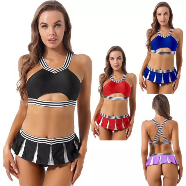 Sexy Women Schoolgirls Cheerleading Costume Crop Tops with Mini Skirt G-String