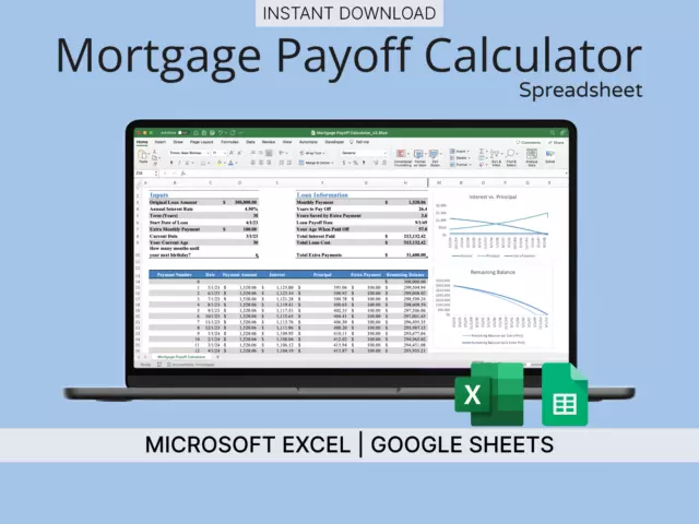 Mortgage Payoff Calculator Spreadsheet (Blue) for Microsoft Excel/Google Sheets
