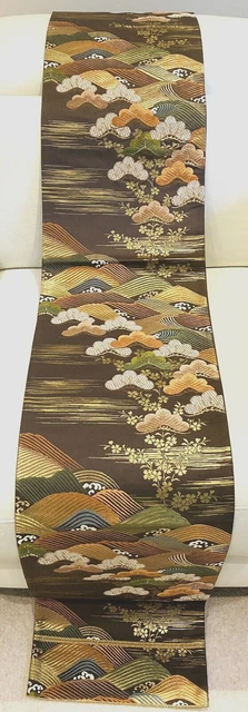 Fukuro-Obi 4 kimono vintage giapponese marrone medio/oro seta ""Alberi di pino/onde"" completo