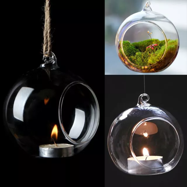 Round Glass Bauble Sphere Ball Hanging Terrarium Outdoor Candle Tea Light Holder