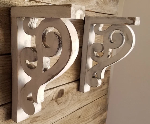 Pair of Distressed White Wood Corbels Shelf Brackets Rustic Farmhouse D40
