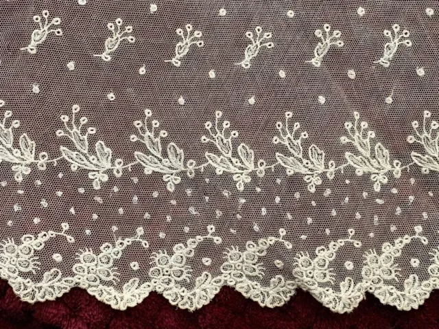 Gorgeous Antique Needle Lace Edging embroidery on tulle, Plumetis 70cm by 25cm 2