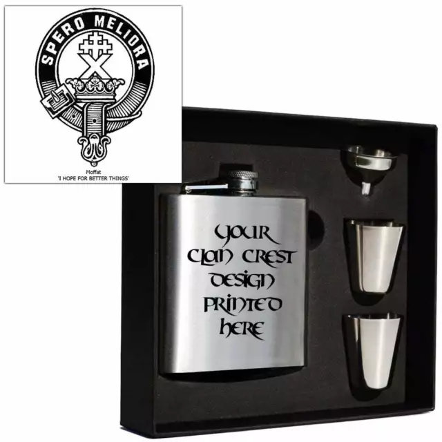 Art Pewter Moffat Clan Crest 6oz Hip Flask Box Set (s) HF6 S-C85B Scottish