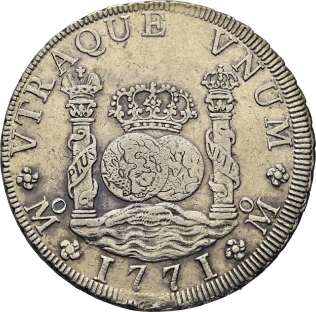 Spain-Carlos III 8 Reales "columnary" 1771 MF. Mexico. MBC+/VF+ Silver 26.9 g.