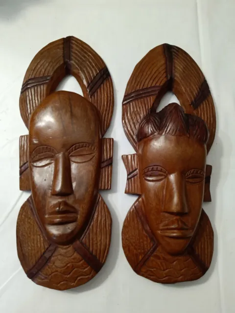 Hand Carved Wood African Male & Female Head Hanging Wall Decor 12"