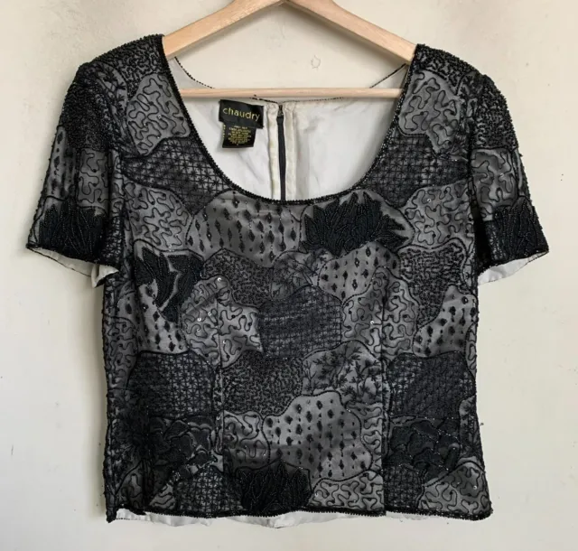 Chaudry Top Black Sequin Bead Pullover Floral Short Sleeve Zip Lined Size L