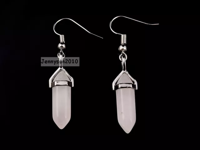 Natural Gemstone Hexagonal Reiki Chakra Pendant Charms Silver Hook Earrings