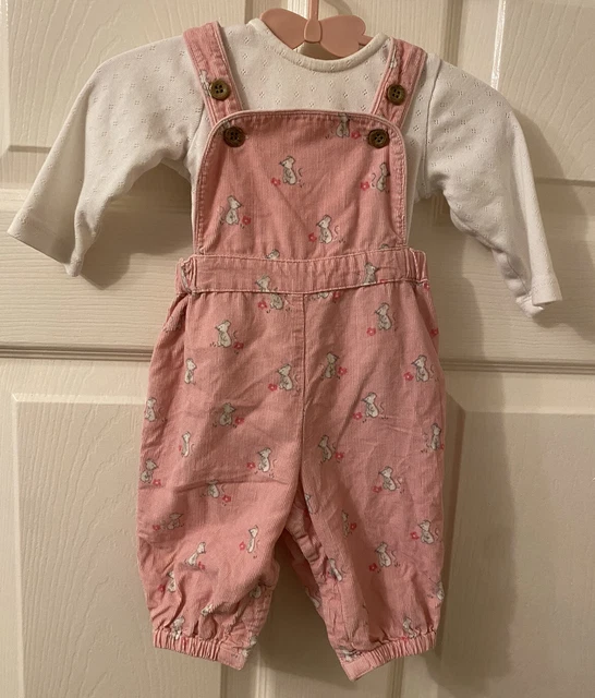 Jojo Maman Bebe Floral Mouse Print Pink Cord Dungarees Set 0-3 Months