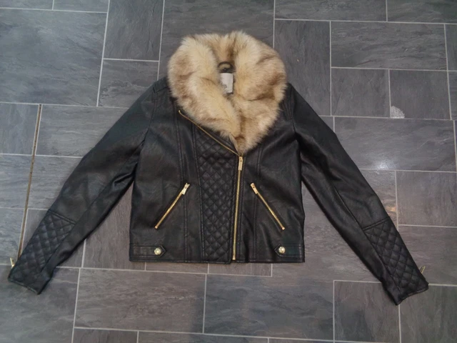BNWT girls river island black faux leather jacket+detachable fur collar-11/12 yr