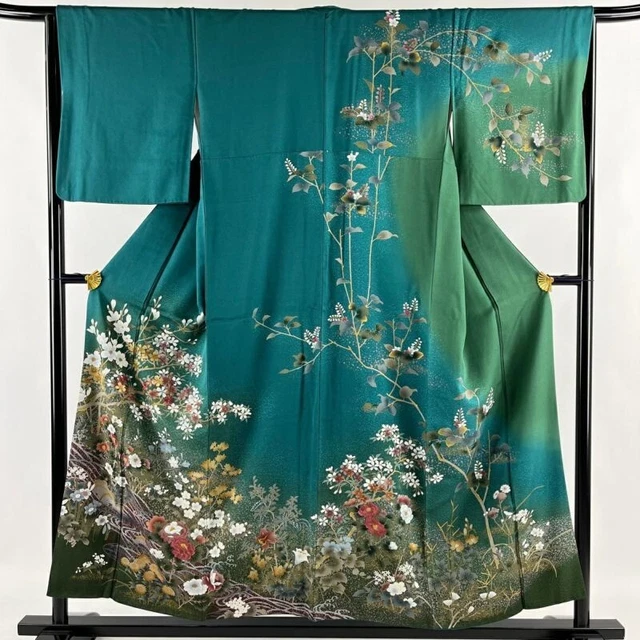 Woman Japanese Kimono Houmongi Silk Cherry Blossom Wave Embroidery Foil Green