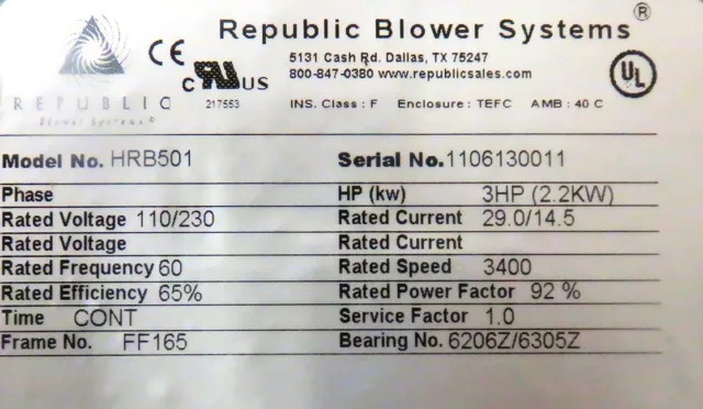 Republic Blower Systems HRB501  |  2.2kW 3.0Hp 3400rpm Blower  *NEW* 3