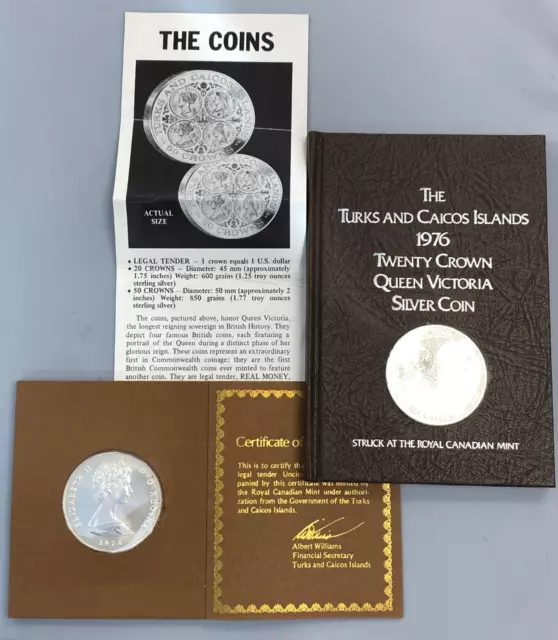 2 1976 Turks and Caicos Isl .925 Silver PF/BU 20 Crown Coins 1.156ASW w/ogp 88