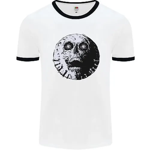Skull Moon Gothic Halloween Zombie Biker Mens White Ringer T-Shirt