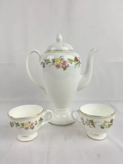 Wedgwood Bone China Mirabelle Coffee Pot & Lid & 2 Cups Flowers R4537 EUC