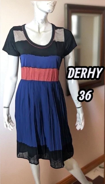 Robe Derhy Noire Et Bleue Taille 36 - Velours, Doublée, Sans Manches, Motifs Rayés Et Fleurs - Neuf Avec étiquettes