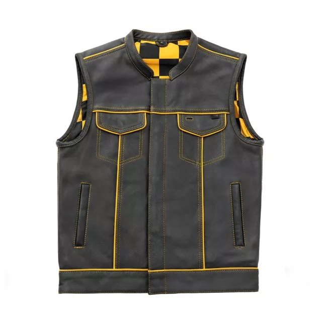 Mens Real Cowhide Leather Yellow Piping New Style Biker vest Motorbike Waistcoat