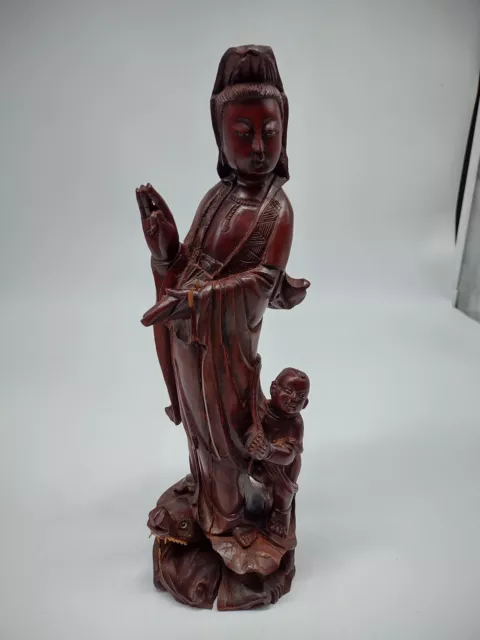 Vintage Chinese wood hand-carved  Kwan-Yin GuanYin statue 12”H