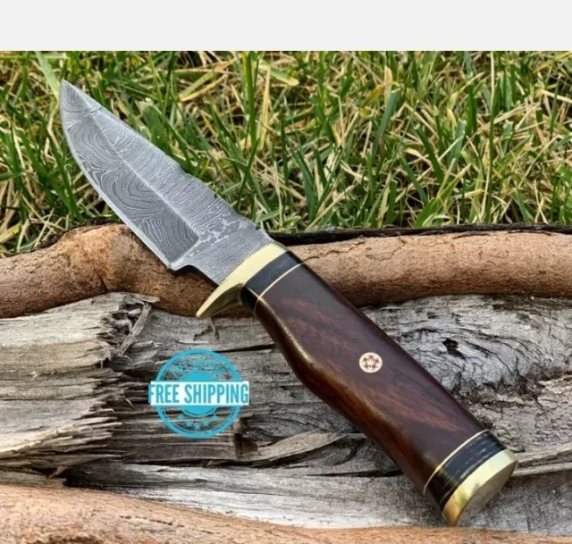9"CUSTOM HAND FORGED DAMASCUS Steel Hunting Knife W/Wood-Brass Guard Handle New