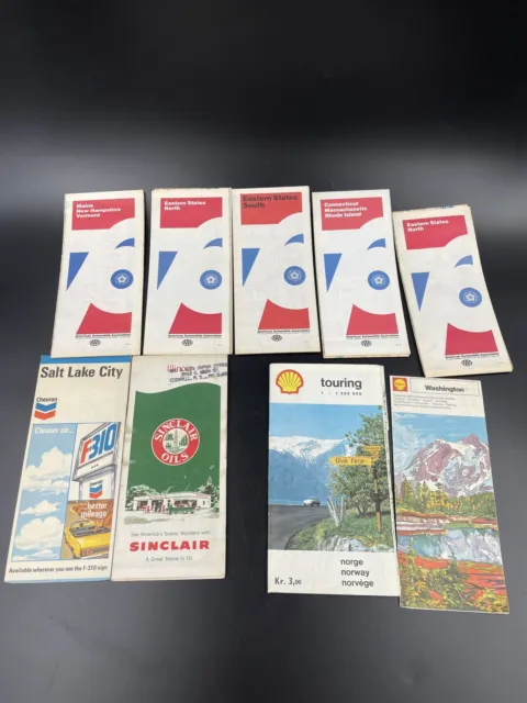 Lot of 9 Vintage Road Maps- Shell, Sinclair , Chevron ; State, City & Norway
