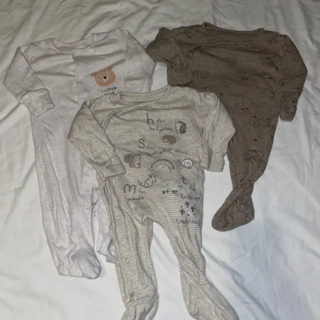 bundle of 3 baby neutral sleepsuits 3-6 months
