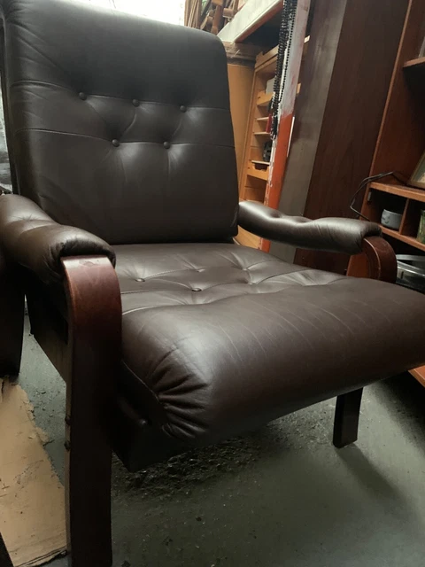 Vintage retro mid century Danish wood brown faux leather chair armchair MCM