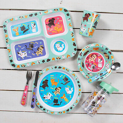 Kids Boys Cats & Dogs Design Cutlery Dinner Set Mealtime Plastic Bowl Cup Plates