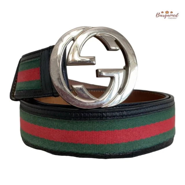 Authentic Gucci Web Green/Red Canvas Silver Interlocking G Buckle Belt 100/40