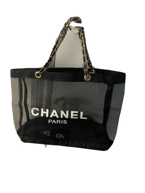 CHANEL VIP BEAUTY Gift Black Large Tote Netted Mesh Bag with Gold Chain  Strap £82.00 - PicClick UK