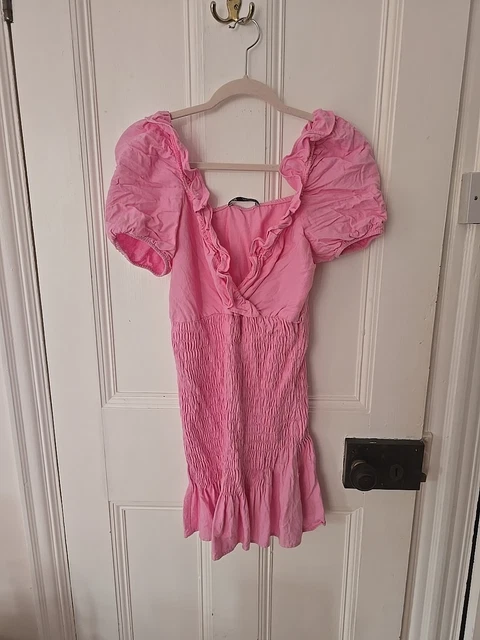 ZARA LINEN BLEND Dress Size S Pink Stretch Ruffle Ruched Puff Sleeve Mini  Cute 4.27 - PicClick UK