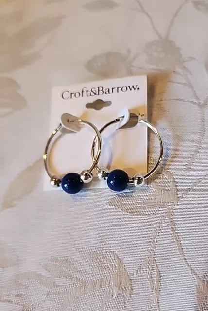 Croft & Barrow Silvertone And Blue Hoop Earrings New 1 1/4" Hoops