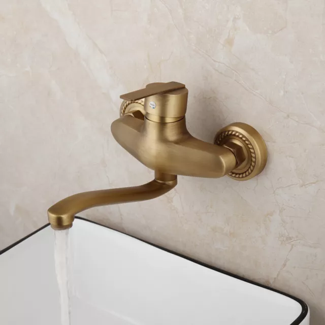 Wall Mount Bathroom Antique Brass Basin Mixer Faucet Sink Hot Cold Mixer Tap