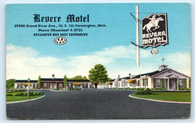 FARMINGTON, Michigan MI ~ Roadside REVERE MOTEL c1940s Oakland County Postcard
