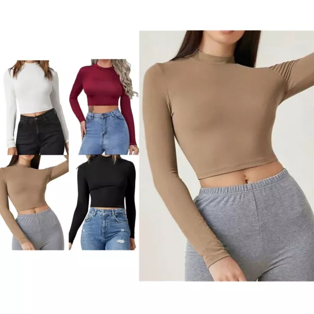WOMENS BASIC LONG Sleeve T-Shirt Blouse Solid Color Mock Neck Crop